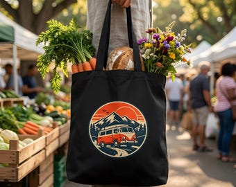 Retro Van Life Tote Bag: 70s Road Trip Adventure Seeker Gift for Dad, Canvas Camper Bus Bag for Weekend Getaways