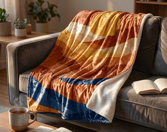 Samt Decke: Mid Century Wüstenlandschaft, Terrakotta Sonnenuntergang überwerfen, Boho Wohndekor, Abstrakte Mesa Art, Gemütliche Couch Decke