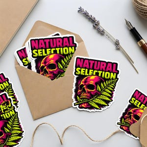 Puede incluir: Pegatinas con un gráfico de calavera rosa neón y amarillo con las palabras "NATURAL SELECTION". La calavera está sobre un fondo negro con un helecho verde. Las pegatinas están en un sobre marrón.