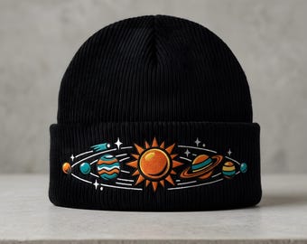 Retro Solar System Beanie: Celestial Map Embroidered Cuffed Hat, Pop Art Space Gift for Astronomy Lovers, Vintage Science Winter Cap