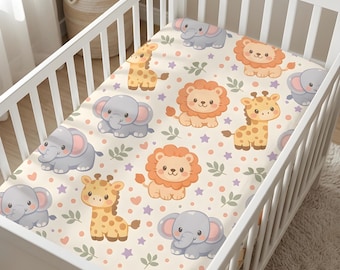 Sábana bajera ajustable Kawaii Safari para cuna: Ropa de cama con animales originales para una decoración moderna y bohemia de la habitación del bebé.
