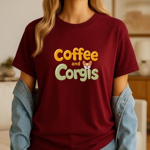 Coffee and corgis shirt Retro Bubble Tee Mustard Yellow Sage Green Cartoon Typography Corgi Dog Lover T-Shirt  Whimsical Pet Owner Wea