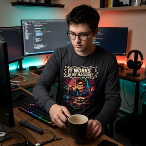Op de afbeelding: Een persoon draagt een donkergrijs shirt met lange mouwen met de tekst "IT WORKS ON MY MACHINE!" en een cartoonafbeelding. De persoon zit aan een bureau met computermonitoren, een toetsenbord en een koffiemok.