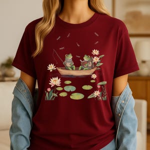 Watercolor Anthropomorphic Frogs shirt Rowboat Pond Scene Vintage Cottagecore Sweater Aesthetic Frog Reader Fishing Lovers Tee