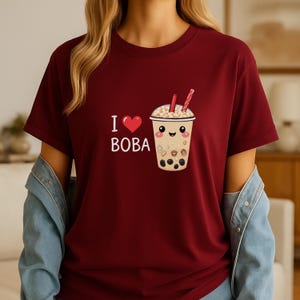Kawaii Boba Tea Cup Pastel Cartoon z różowymi policzkami Anime Food Lover Estetyczna ciężka bawełniana koszulka Entuzjasta Bubble Tea Zabawny wzmacniacz nastroju