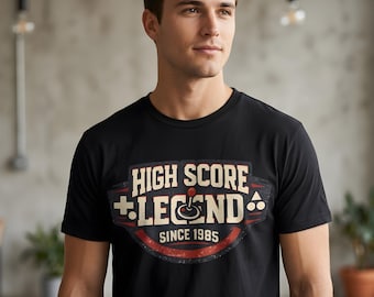 High Score Legend T-Shirt: Vintage Arcade Gamer Gift, Retro 80s Gaming Apparel, Distressed Typography Tee
