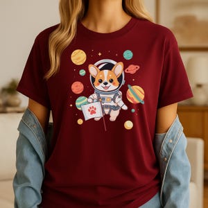Camiseta de corgi de dibujos animados, camiseta de astronauta, camiseta de aventura espacial, camiseta caprichosa para amantes de los perros del espacio exterior, camiseta de entusiasta de la ciencia, camiseta de animal cósmico, algodón pesado