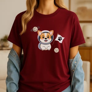 Maglietta con scritta "Cartoon Corgi", casco spaziale da astronauta, maglietta minimalista per amanti dei cani cosmici, esploratore spaziale, arte canina, astronomia.