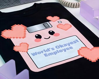 Kawaii Floppy Disk Save Icon Tee: World's Okayest Employee Retro Tech Shirt