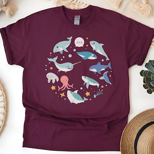 Orka's shirt grillige oceaan dieren cartoon cirkel T-shirt zeeleven illustratie zeebioloog cadeau speelse zeedieren top