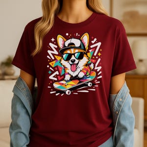 Maglietta con scritta "Cartoon Corgi", maglietta con graffiti e trucchi da skateboard, stile streetwear minimalista anni '90, maglietta per amanti dei cani urbani, arte geometrica vibrante sullo skateboard.