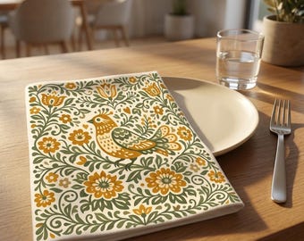 Servet katoenen keperstof Scandinavische volkskunst: retro tafeldecor met botanische vogel