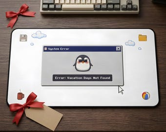Cubicle Nostalgia Desk Mat: 90s Retro Computer Desktop with Sunburned Penguin Error