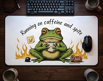 Gaming Desk Mat: Weary Frog Coffee & Resentment Mousepad, Funny Gamer Decor