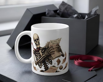 Dark Office Humor Coffee Mug: Skeleton Coworker Gift, Corporate Burnout Desk Cup, My Soul Left During Q2