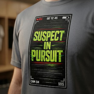 May include: A grey t-shirt with a graphic that reads "SUSPECT IN PURSUIT" in neon green. The design mimics a video recording, including the time 00:12:45, REC, and CAM 04 labels. The shirt has short sleeves.