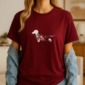 Minimalist Dachshund Floral Silhouette T-Shirt Whimsical Botanical Dog Lover Apparel Nature Aesthetic Cartoon Pet Owner Statement
