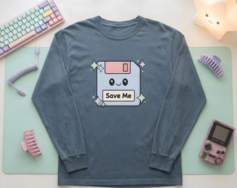 Kawaii Floppy Disk Save Icon Long Sleeve T-Shirt - Cute Retro Tech Character Tee, 90s Nostalgia Gift