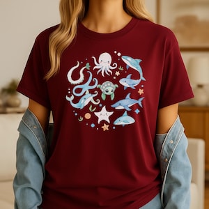 シャチシャツ 海洋動物 サークルTシャツ 遊び心のある海洋生物のイラスト 海洋生物学者シャツ 厚手のコットン 気まぐれな海の生き物アート