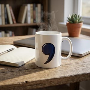 Puede incluir: Taza de cerámica blanca con un gran diseño de coma azul oscuro. La taza está sobre una mesa de madera con un cuaderno, un bolígrafo y un ordenador portátil. Sale vapor de la taza.