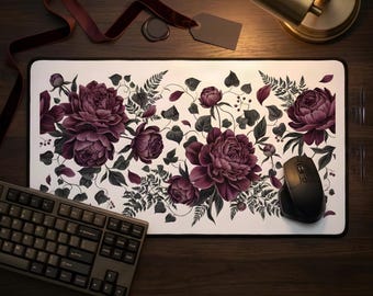 Dark Floral Desk Mat: Gothic Botanical Home Office Decor, Moody Purple Flower Mousepad, Extended Gaming Pad