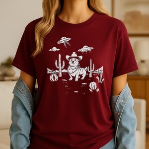 Cartoon corgi shirt Cowboy UFO Desert Tee Hand-Drawn Retro Americana Sci-Fi Western Pet Lover Shirt Monochrome Woodcut Style