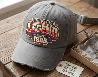 High Score Legend Cap: Vintage 1985 Arcade Gamer Hat, Retro Distressed Baseball Cap for Men and Women