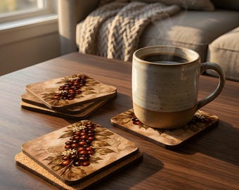 Vintage botanische Kaffee-Untersetzer: Geschenk für Kaffee-Liebhaber, 4er-Set Getränke-Untersetzer mit Kork-Rücken