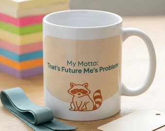 Procrastination Philosophy Coffee Mug, Sarcastic Office Gift - Minimalist Raccoon Design, Ceramic 11oz Mug