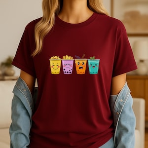 Boba Tea Emotionen Cartoon T-Shirt Ananas Lavendel Zimt Minze Kawaii Lineup Pastel Foodie Anime Fan Statement Shirt
