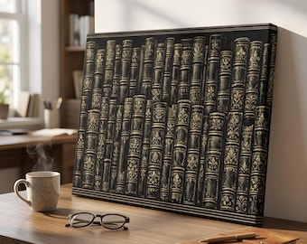 Viktorianische Bibliothek Bücherregal Leinwand: Klassische Literatur Fan Wand Kunst, Panorama Antiker Buchrücken Druck, Dark Academia Wohndeko