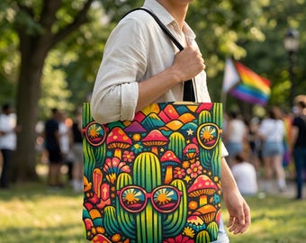 Retro 70er Jahre Psychedelic Country Stoffbeutel: Wüsten Kaktus Festival Tasche für Postkutsche Outfits