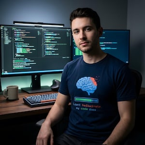 AI Hallucination T-Shirt with Pixel Art Brain: Software Engineer Humor Tee for Programmers and Tech Developers