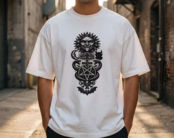 Okkultes Sigil T-Shirt: Dark Academia Holzschnitt Gravur T-Shirt, Gothic Mystische Kunst Bekleidung
