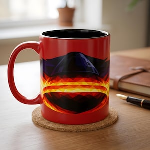 Puede incluir: Una taza de café roja con interior negro y un diseño geométrico. El diseño presenta una forma abstracta negra, morada y amarilla. La taza está sobre un posavasos redondo de corcho.