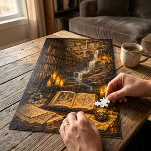 Puede incluir: Un rompecabezas de fantasía con una biblioteca, una cascada y una escena de mazmorras. Una mano coloca una pieza del rompecabezas. Se ve un dado D20 y un libro abierto con un pentagrama.