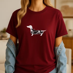 Minimalist Dachshund Floral Silhouette T-Shirt Whimsical Cartoon Dog Nature Print Botanical Animal Lover Top Playful Statement Tee