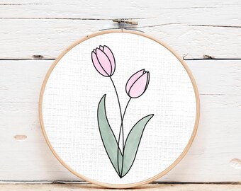 Tulip Wreath Hand Embroidery Pattern, Tulip Flower Botanical Art ...