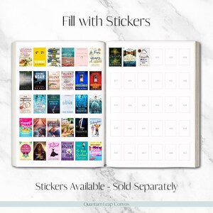 Op de afbeelding: Open boek met stickerpagina's. De linkerpagina is gevuld met boekomslagstickers, waaronder titels als "Saving Noah" en "Ugly Love". De rechterpagina heeft lege ruimtes voor stickers. Bovenin staat de tekst "Fill with Stickers."