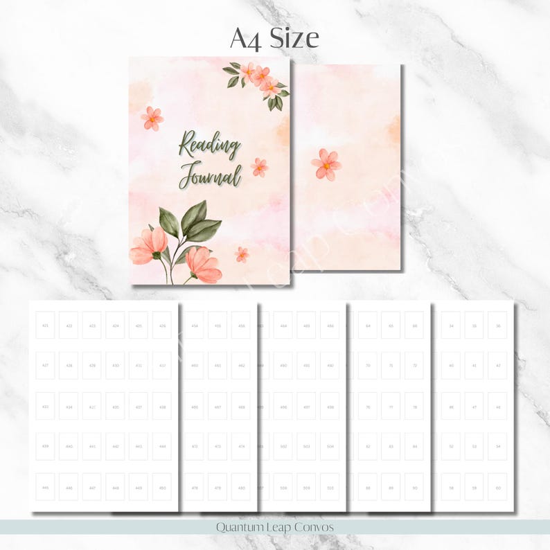 Op de afbeelding: A4 leesdagboek met een aquarel bloemenontwerp. De omslag toont de tekst "Reading Journal" met roze bloemen en groene bladeren. Het dagboek heeft blanco pagina's met kleine vakjes voor notities.