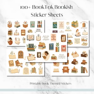 Puede incluir: Hojas de pegatinas imprimibles con temática de libros. Las pegatinas presentan ilustraciones de libros, lectura y elementos relacionados. El texto incluye "100+ BookTok Bookish Sticker Sheets" y "Printable Book Themed Stickers".