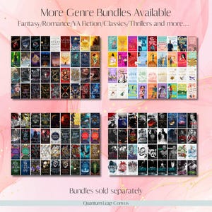 Peut inclure: Image pr&eacute;sentant quatre groupes de livres, chacun avec plusieurs couvertures. Le texte "More Genre Bundles Available" et "Fantasy/Romance/YA Fiction/Classics/Thrillers and more...." sont en haut. Le texte "Bundles sold separately" et "Quantum Leap Convos" sont en bas.