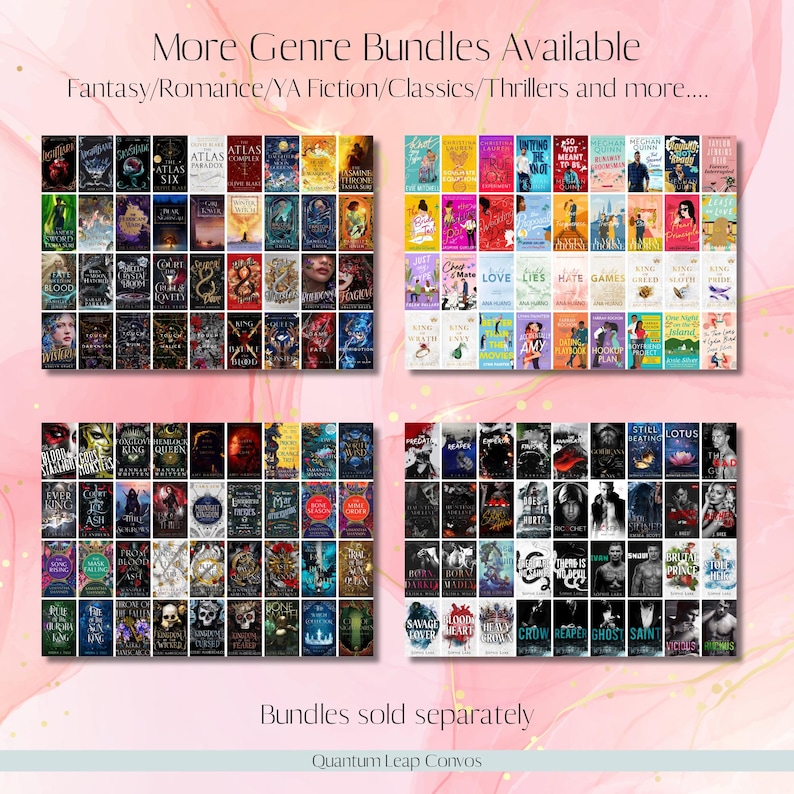 Peut inclure: Image pr&eacute;sentant quatre groupes de livres, chacun avec plusieurs couvertures. Le texte "More Genre Bundles Available" et "Fantasy/Romance/YA Fiction/Classics/Thrillers and more...." sont en haut. Le texte "Bundles sold separately" et "Quantum Leap Convos" sont en bas.
