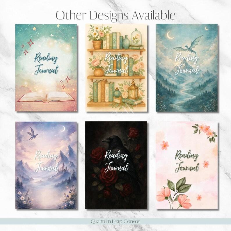 Op de afbeelding: Zes "Reading Journal" notitieboeken met aquarel illustraties. Ontwerpen omvatten een open boek, een boekenplank met bloemen, een draak boven een bergketen, een raaf met rozen en bloemstukken. De tekst "Other Designs Available" staat bovenaan.