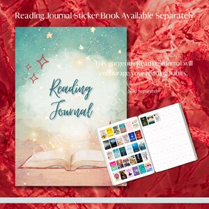 Puede incluir: Un diario de lectura con un dise&ntilde;o celestial, con las palabras "Reading Journal" en escritura elegante. El diario est&aacute; abierto, mostrando p&aacute;ginas en blanco y una hoja de pegatinas. El texto "Reading Journal Sticker Book Available Separately" est&aacute; en la parte superior.