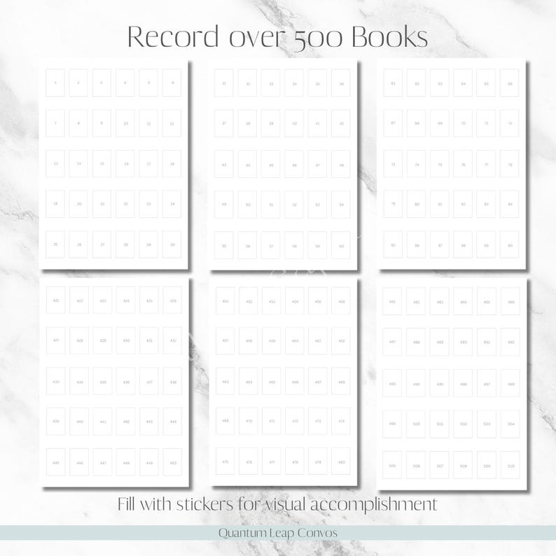 Pu&ograve; includere: Pagine bianche per il monitoraggio dei libri con spazi per registrare oltre 500 libri. Le pagine hanno una griglia di piccoli rettangoli per adesivi, con il testo "Record over 500 Books" e "Fill with stickers for visual accomplishment."