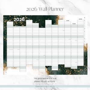 Calendrier mural vert et or 2026 | Élégant agenda imprimable en un clin d'oeil de l'année | Art mural numérique vertical pour la maison ou le bureau