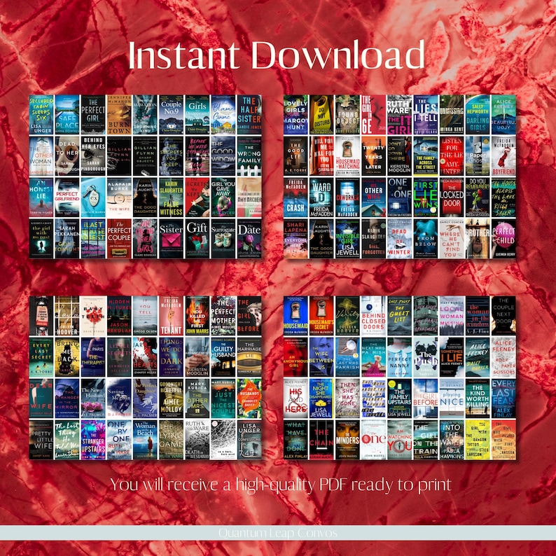 Puede incluir: Un gr&aacute;fico de descarga digital con cuatro arreglos rectangulares de portadas de libros. Las portadas muestran varios t&iacute;tulos y autores, con un fondo rojo y el texto "Instant Download" en la parte superior. El texto inferior dice "You will receive a high-quality PDF ready to print."