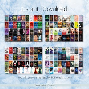 May include: A digital print featuring four panels of book covers, with titles like "Torch", "Fever", and "The Lake". The image includes the text "Instant Download" and "You will receive a high-quality PDF ready to print". The background is a light blue watercolor effect.
