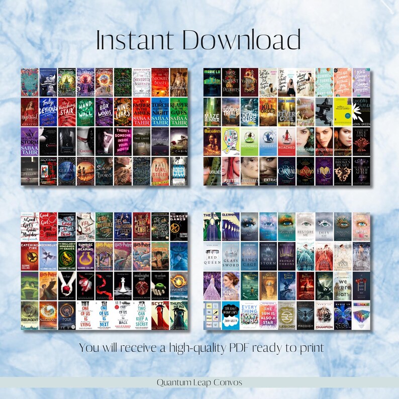 May include: A digital print featuring four panels of book covers, with titles like "Torch", "Fever", and "The Lake". The image includes the text "Instant Download" and "You will receive a high-quality PDF ready to print". The background is a light blue watercolor effect.